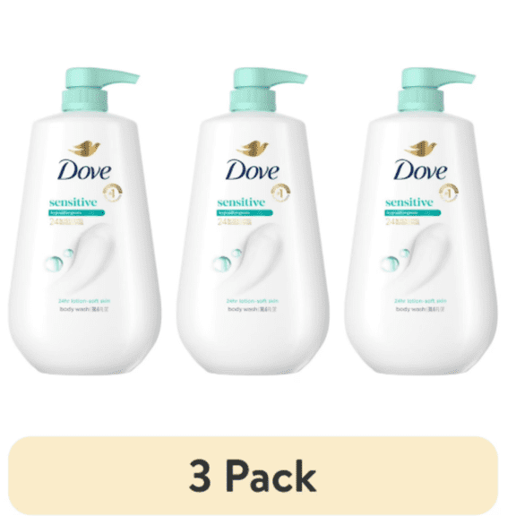 (3 pack) Dove Sensitive Body Wash with Pump for 24hr Lotion-Soft Skin, 30.6 fl oz