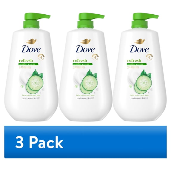 (3 pack) Dove Body Wash With Pump for 24hr Lotion-Soft Skin Refresh Cucumber & Green Tea Moisturizing Skin Cleanser with No Sulfates No Parabens, 30.6 fl oz