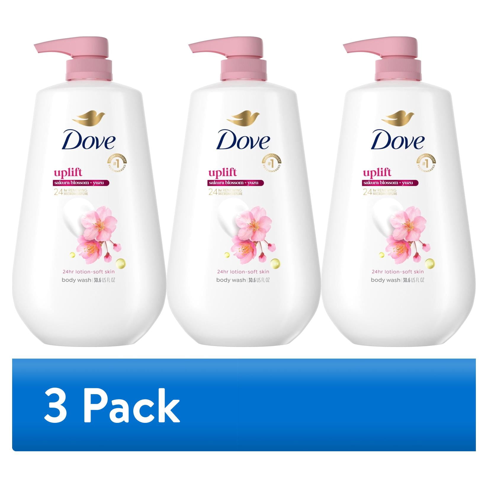 (3 pack) Dove Sakura Body Wash for 24hr Lotion-Soft Skin Uplift Sakura Blossom & Yuzu Moisturizing Skin Cleanser with No Sulfates No Parabens, 30.6 fl oz