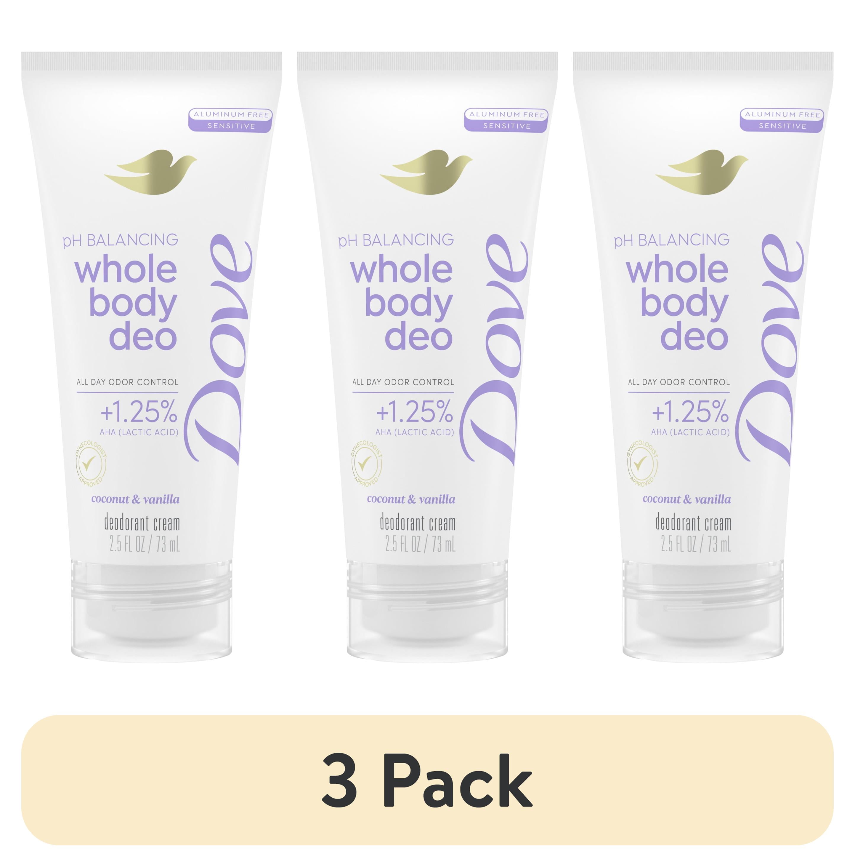 (3 pack) Dove Whole Body Deo pH Balancing Deodorant Cream for Women Coconut & Vanilla Aluminum Free, 2.5 oz