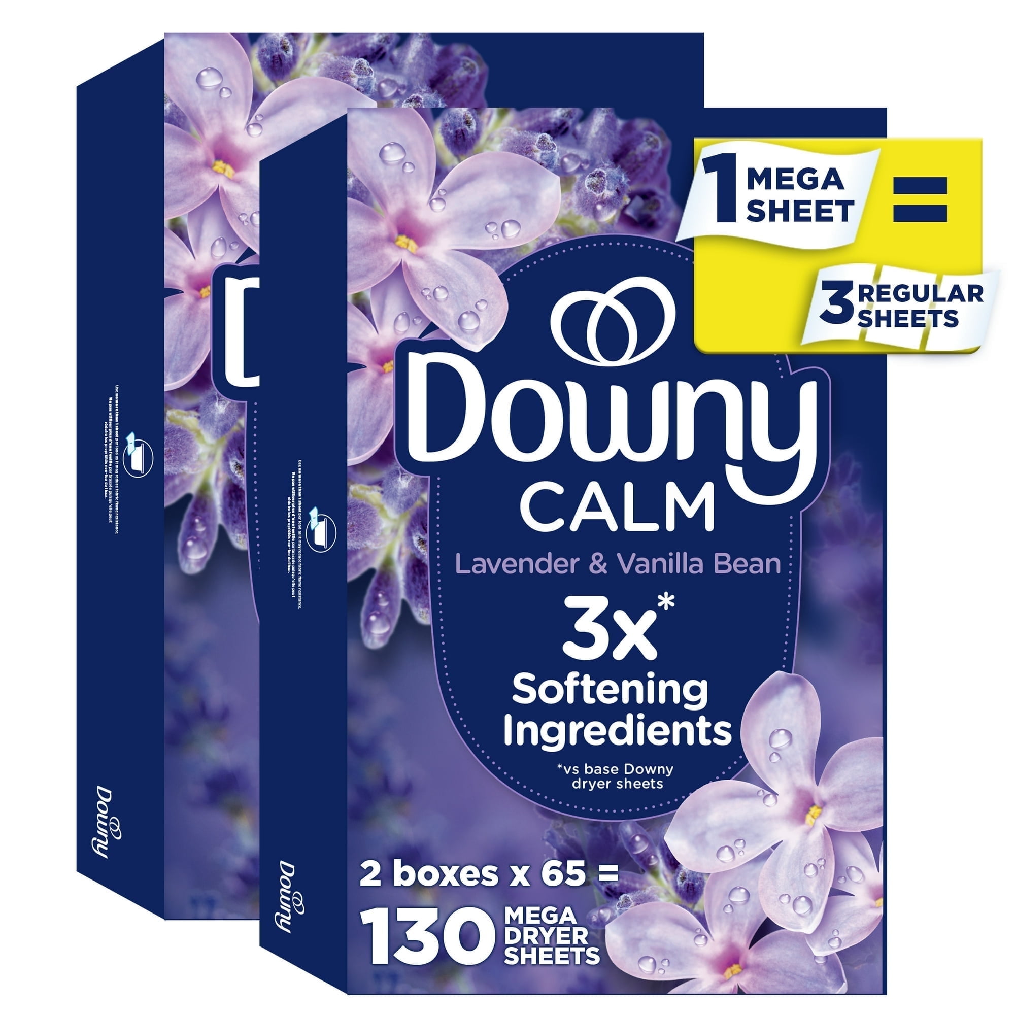 (3 pack) Downy Infusions Calm Mega Fabric Softener Dryer Sheets, Lavender and Vanilla Bean Scent, 130 Count