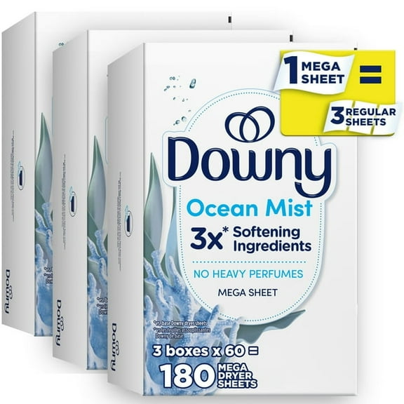 (3 pack) Downy Light Mega Fabric Softener Dryer Sheets, Ocean Mist Scent, 180 Count