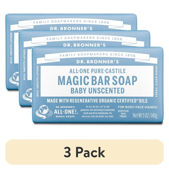 (3 pack) Dr. Bronner's Magic Bar Soap – Baby Unscented - Pure-Castile Soap - 5 oz - for face, body, hands
