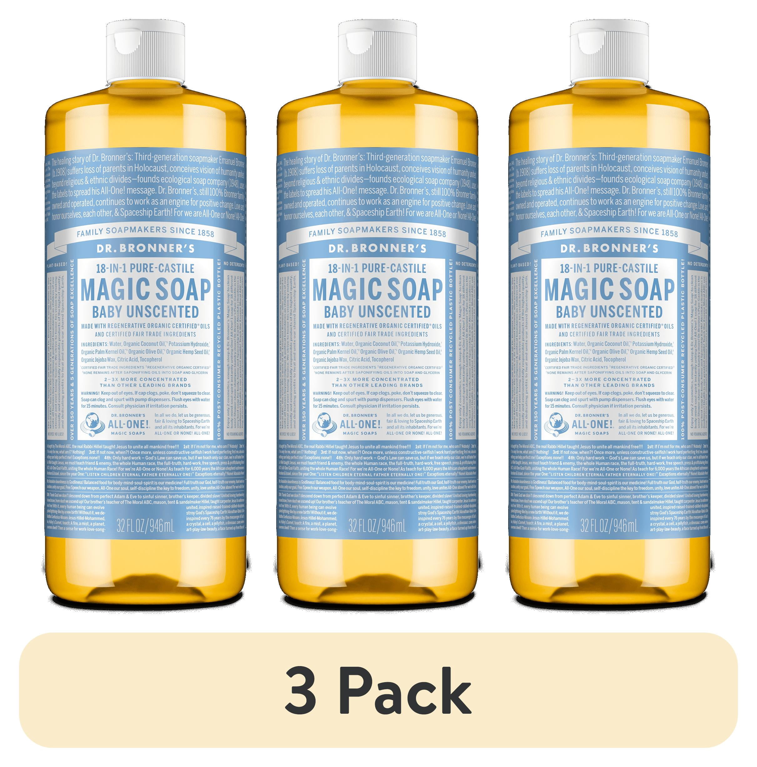 (3 pack) Dr. Bronner's Magic Soap - Castile Liquid Soap - 32 oz - Body Wash, Face Wash - Unscented - Age Group: Baby & All Ages