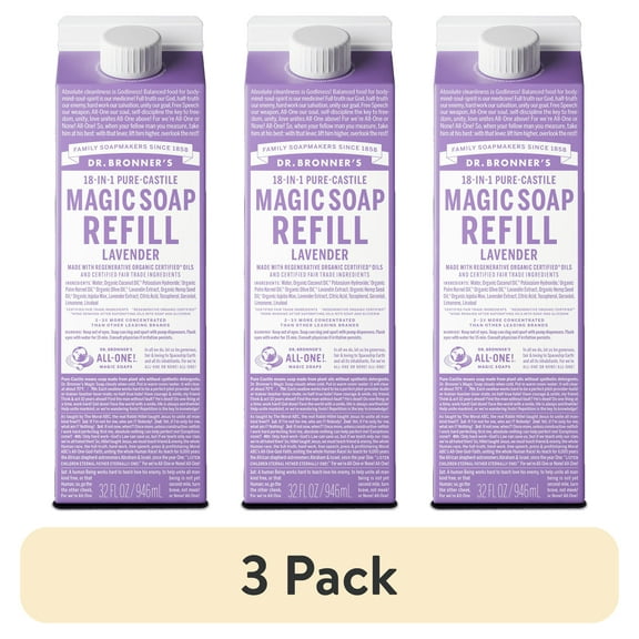 (3 pack) Dr. Bronner's Magic Soap - Castile Liquid Refill Carton - Lavender - 32 oz - 18-in-1 uses - Adults, Teens, Children