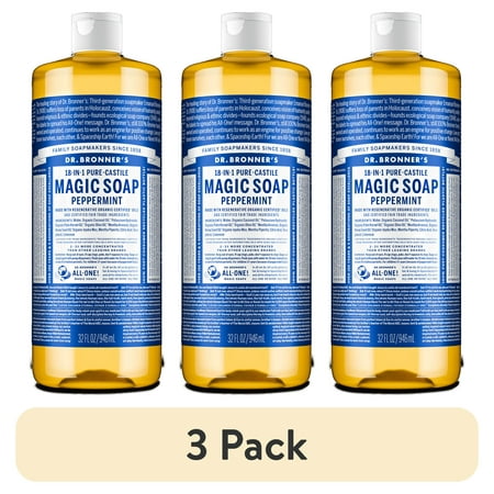 (3 pack) Dr. Bronner's Magic Soap - Peppermint - Pure-Castile Liquid Soap - 32 oz – for face, body wash, hands
