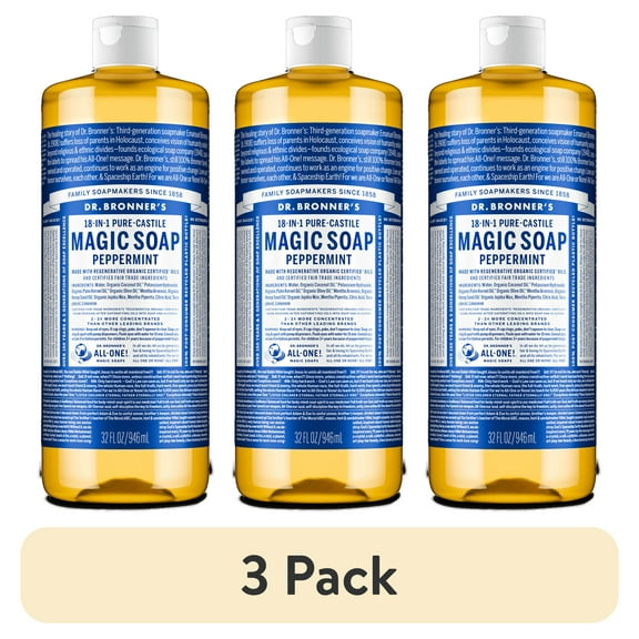 (3 pack) Dr. Bronner's Magic Soap - Peppermint - Pure-Castile Liquid Soap - 32 oz – for face, body wash, hands