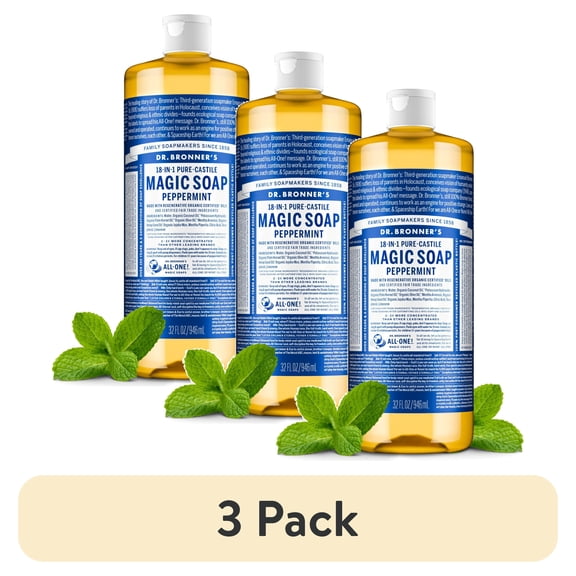 (3 pack) Dr.Bronner's Magic Soap, Peppermint, Pure-Castile Body Wash Liquid Soap, 32 fl oz