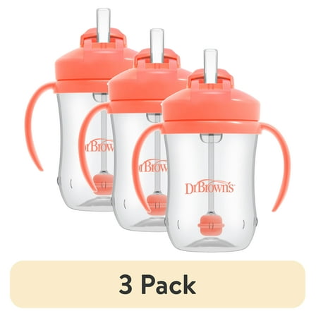(3 pack) Dr. Brown's Milestones Baby’s First Straw Cup, Training Cup with Weighted Straw, Coral, 6m 