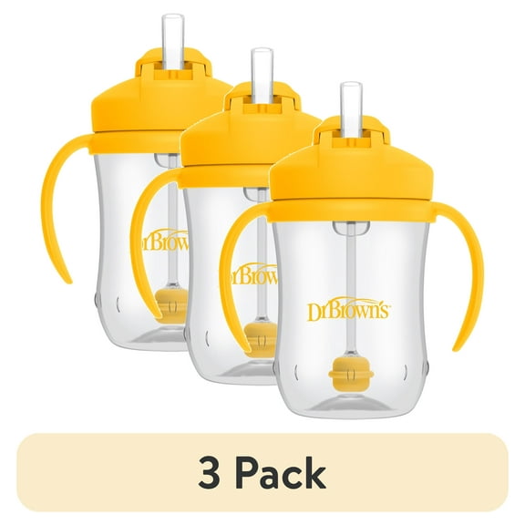 (3 pack) Dr. Brown's Milestones Baby's First Straw Cup with Weighted Straw, 9oz, Blue/Vintage Yellow, 6m+, 2 Pack