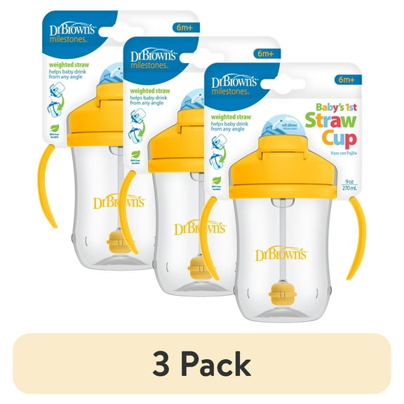 (3 pack) Dr. Brown's Milestones Baby's First Straw Cup with Weighted Straw, 9oz, Vintage Yellow, 6m , 1 Pack