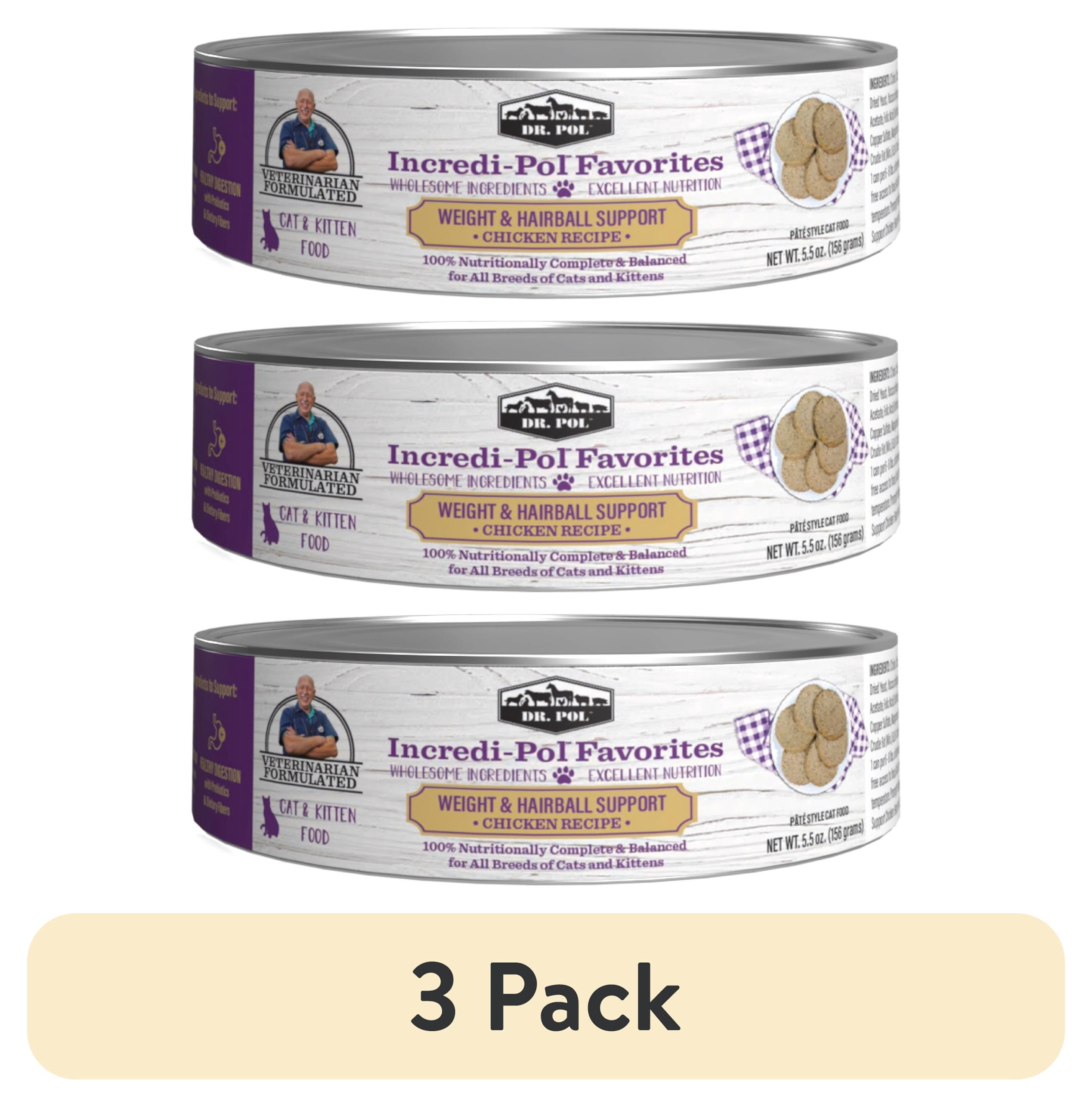(3 pack) Dr. Pol Incredi-Pol Favorites Chicken Weight and Hairball Support Canned Cat Food, 5.5oz.
