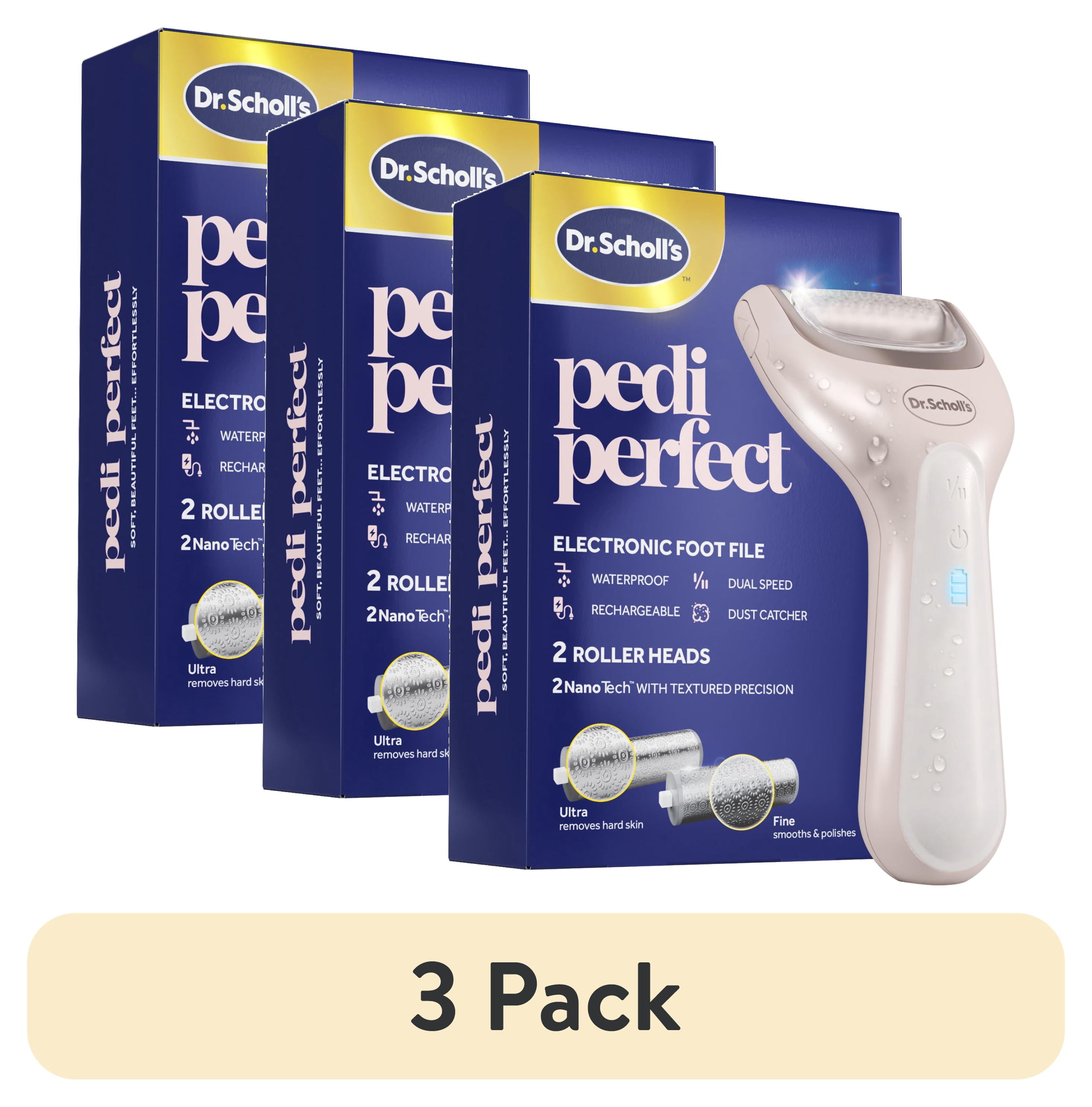 (3 pack) Dr. Scholl's Pedi Perfect Electric Foot Callus Remover, Waterproof, Rechargeable with x2 Roller Heads