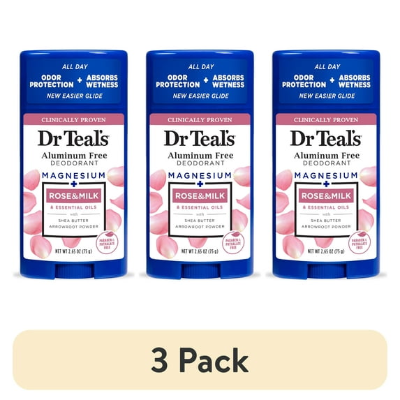 (3 pack) Dr Teal's Aluminum Free Deodorant, Rose & Milk with Essential Oils, 2.65 oz