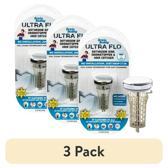 (3 pack) Drain Buddy Ultra Flo Bathroom Sink - Chrome Plastic