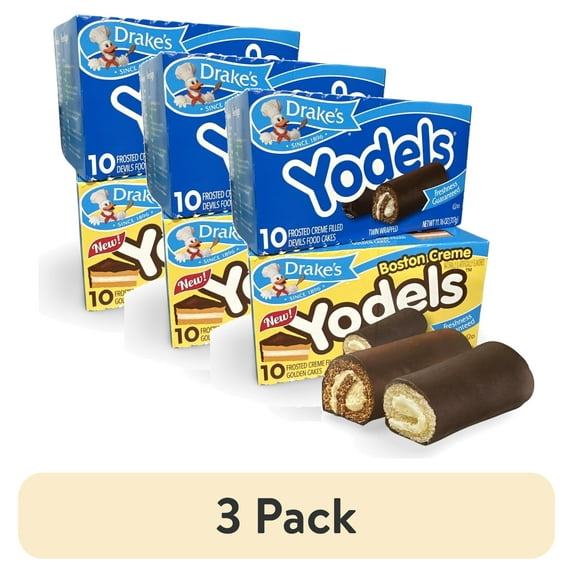 (3 pack) Drake's Yodels Snack Cakes Combo Pack | Boston Creme & Original Devils Food | Pack of 2 (20 Total Frosted Creme Filled Cakes)