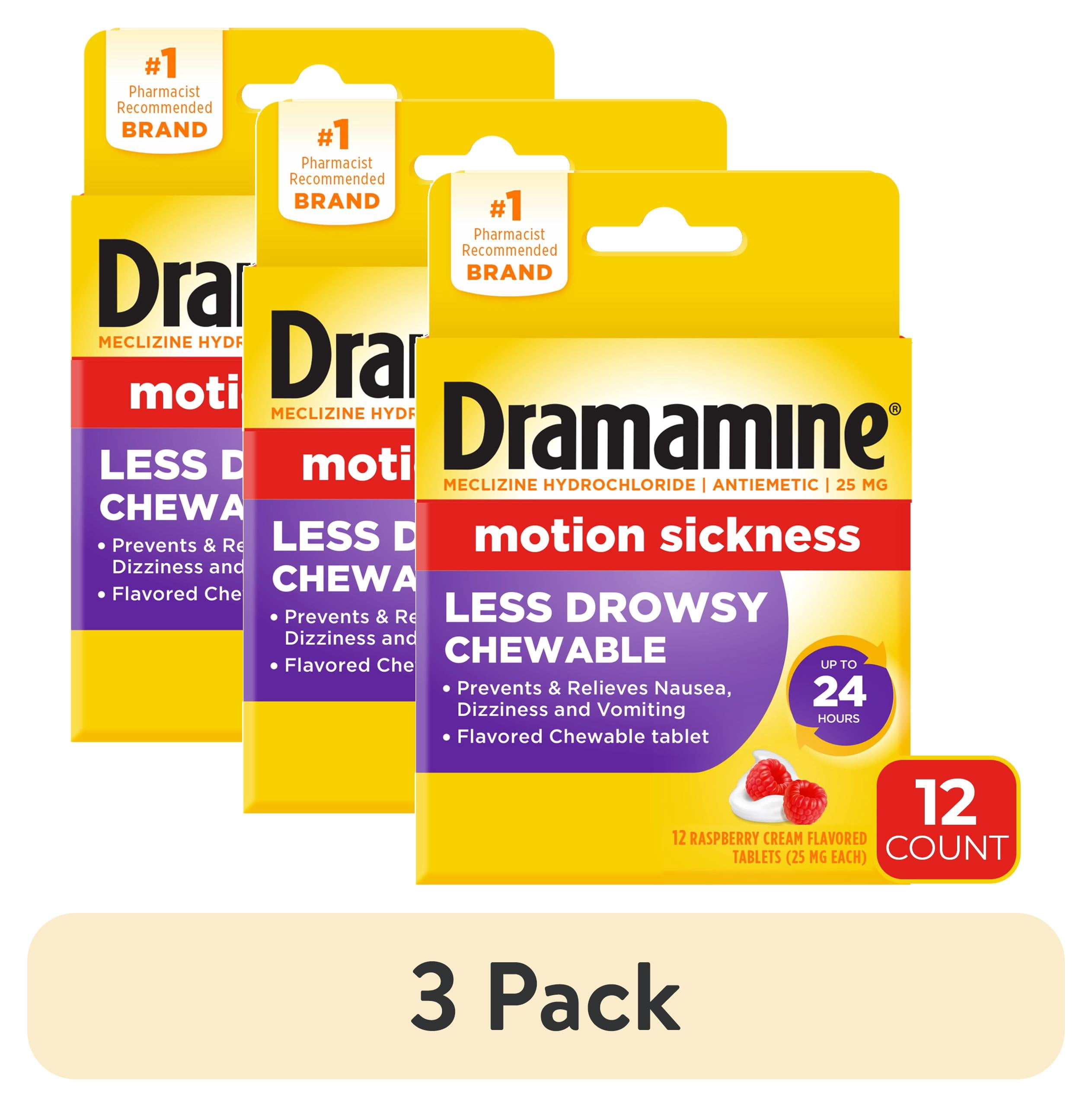 (3 pack) Dramamine Chewable Less Drowsy, Motion Sickness Relief, Raspberry Cream Flavor, 12 Count