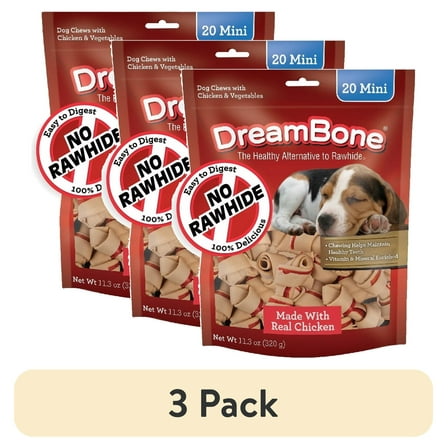 (3 pack) DreamBone Classic Bone Mini Rawhide-Free Chews for Dogs, Made with Real Chicken, 20 Count
