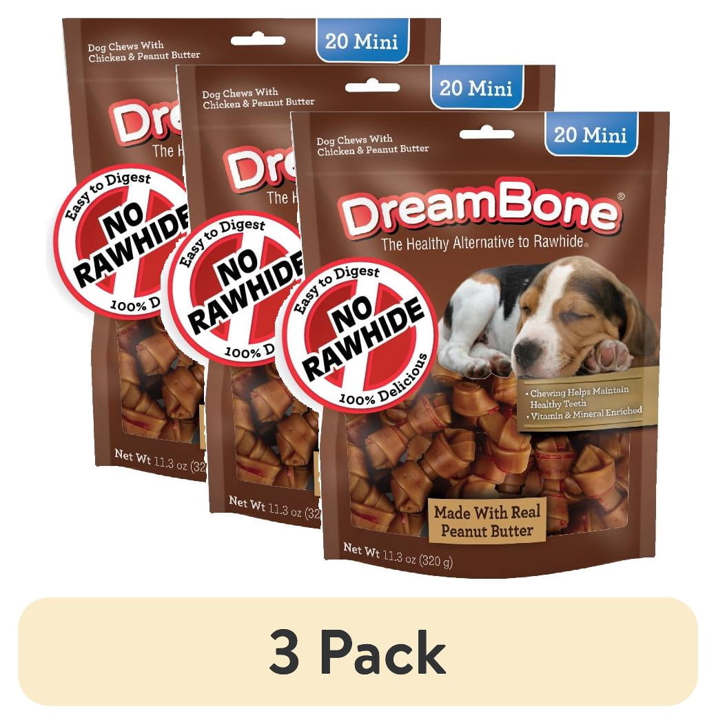 (3 pack) DreamBone Peanut Butter Flavored Rawhide-Free Chews for Dogs, Mini Bones, 20 Count, 11.3 oz.