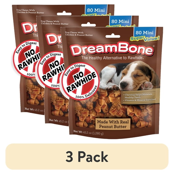 (3 pack) DreamBone Peanut Butter Flavored Rawhide-Free Dog Chews, Mini, 45.2 Oz. (80 Count)