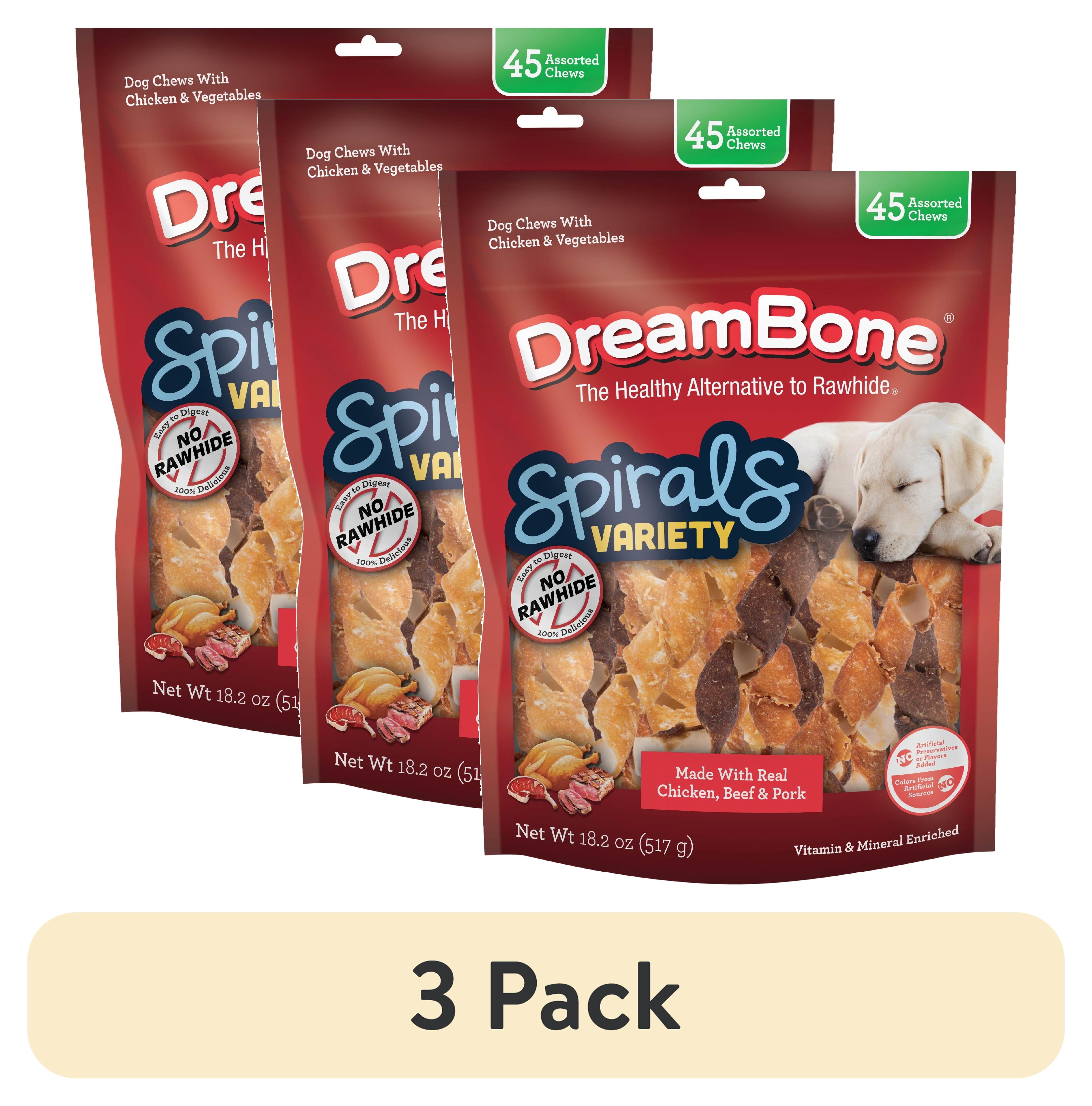 (3 pack) DreamBone Spirals Variety Pack Rawhide-Free Chews for Dogs, Chicken, Beef or Pork, 45 Count