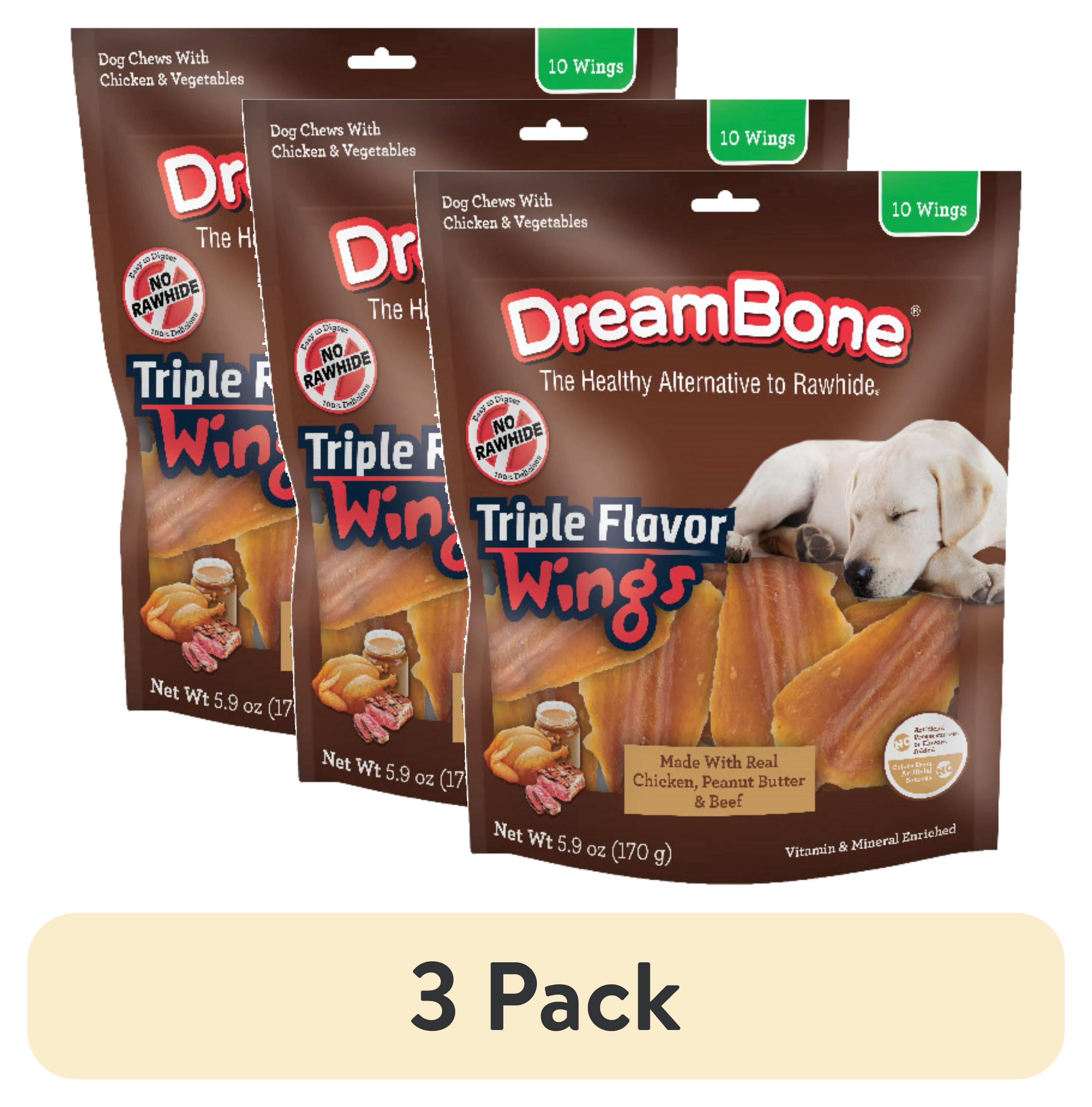 (3 pack) DreamBone Triple Flavor Wings Rawhide-Free Chews for Dogs, Made with Real Peanut Butter, 10 Count
