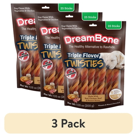 (3 pack) Dreambone Triple Flavor Twisties Sticks, Rawhide-Free Dog Chews with Real Peanut Butter, 25 Count