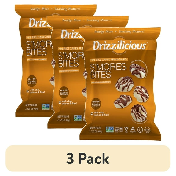 (3 pack) Drizzilicious Mini Rice Cakes, S'mores Flavored Rice Cake Gluten Free Snacks, Rice Crisps, 60g