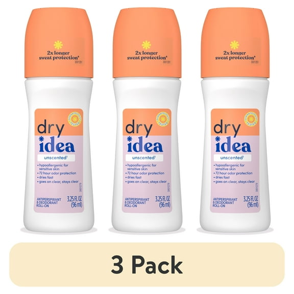 (3 pack) Dry Idea Roll-On Deodorant & Antiperspirant & Unscented for Sensitive Skin, 3.25 oz.