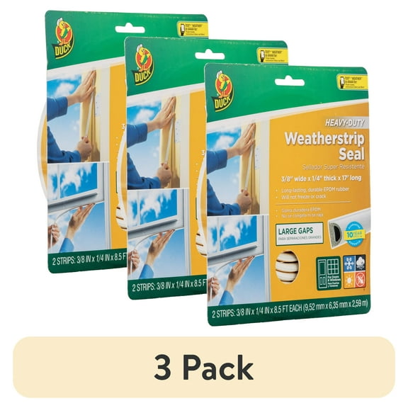 (3 pack) Duck Heavy-Duty White Rubber Weatherstrip Door and Window Seal, Large Gap, .38 in. x .25 in. x 17 ft.