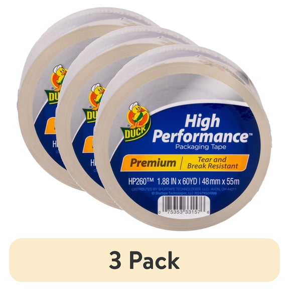 (3 pack) Duck High Performance Packing Tape, 1.88 in x 60 Yard, Clear, 1 Refill Roll