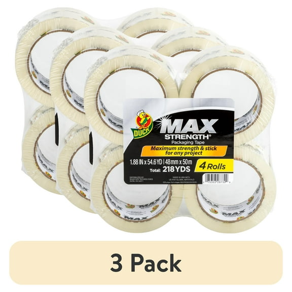 (3 pack) Duck MAX Strength Packing Tape, 1.88 in. x 54.6 yd., Clear, 4-Count