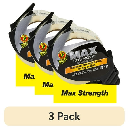 (3 pack) Duck Max Strength Clear Packaging Tape with Dispenser, 1.88 in. x 38.2 yd.