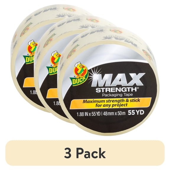 (3 pack) Duck Max Strength Packing Tape, 1.88 in x 55 yd, Clear, 1 Refill Roll