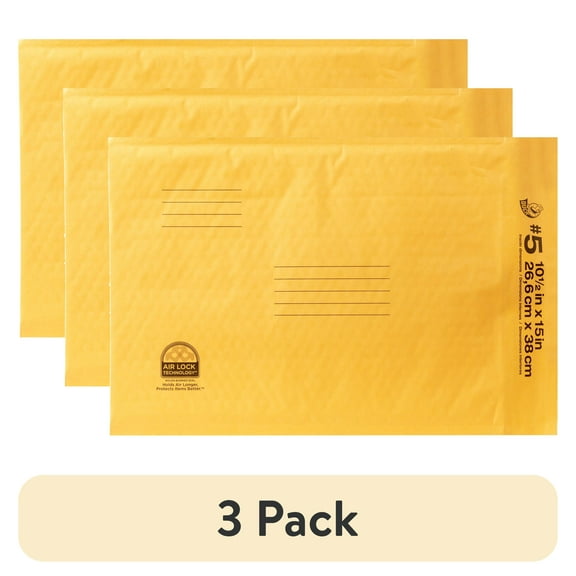 (3 pack) Duck Self-Seal Kraft Bubble Mailer #5, 10.5" x 15", Solid Print