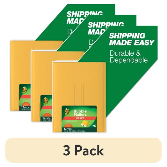 (3 pack) Duck Self-Seal Kraft Bubble Mailers #5, 10.5" x 15", Solid Print, 12 Pack
