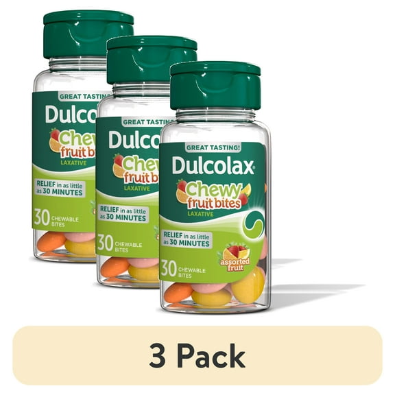 (3 pack) Dulcolax Saline Laxative Chewy Fruit Bites, Fast Acting Laxative & Gentle Constipation Relief, Assorted Fruit Flavor, Magnesium Hydroxide 600 mg, 30 Count