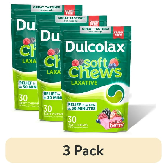 (3 pack) Dulcolax Saline Laxative Soft Chews, Fast-Acting Laxative, Gentle Constipation Relief, Mixed Berry Flavor, Magnesium Hydroxide 1200 mg, 30 Count, Occasional Constipation.