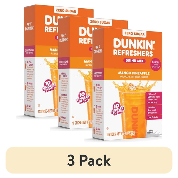 (3 pack) Dunkin' Refreshers Mango Pineapple, Singles to Go Powdered Drink Mix, 10 Count Packets