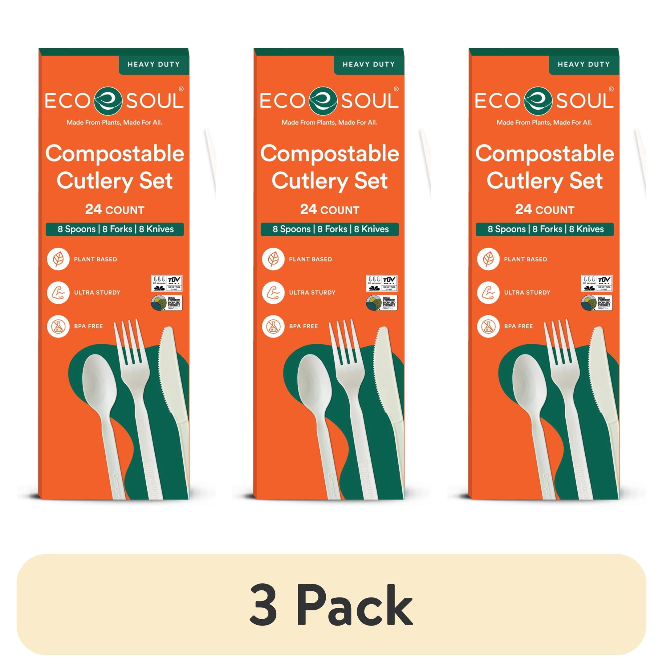 (3 pack) ECO SOUL Plant-Based Compostable Cutlery Set – Forks, Spoons, Knives – 24 Count