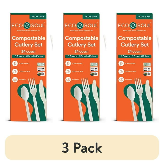 (3 pack) ECO SOUL Plant-Based Compostable Cutlery Set – Forks, Spoons, Knives – 24 Count