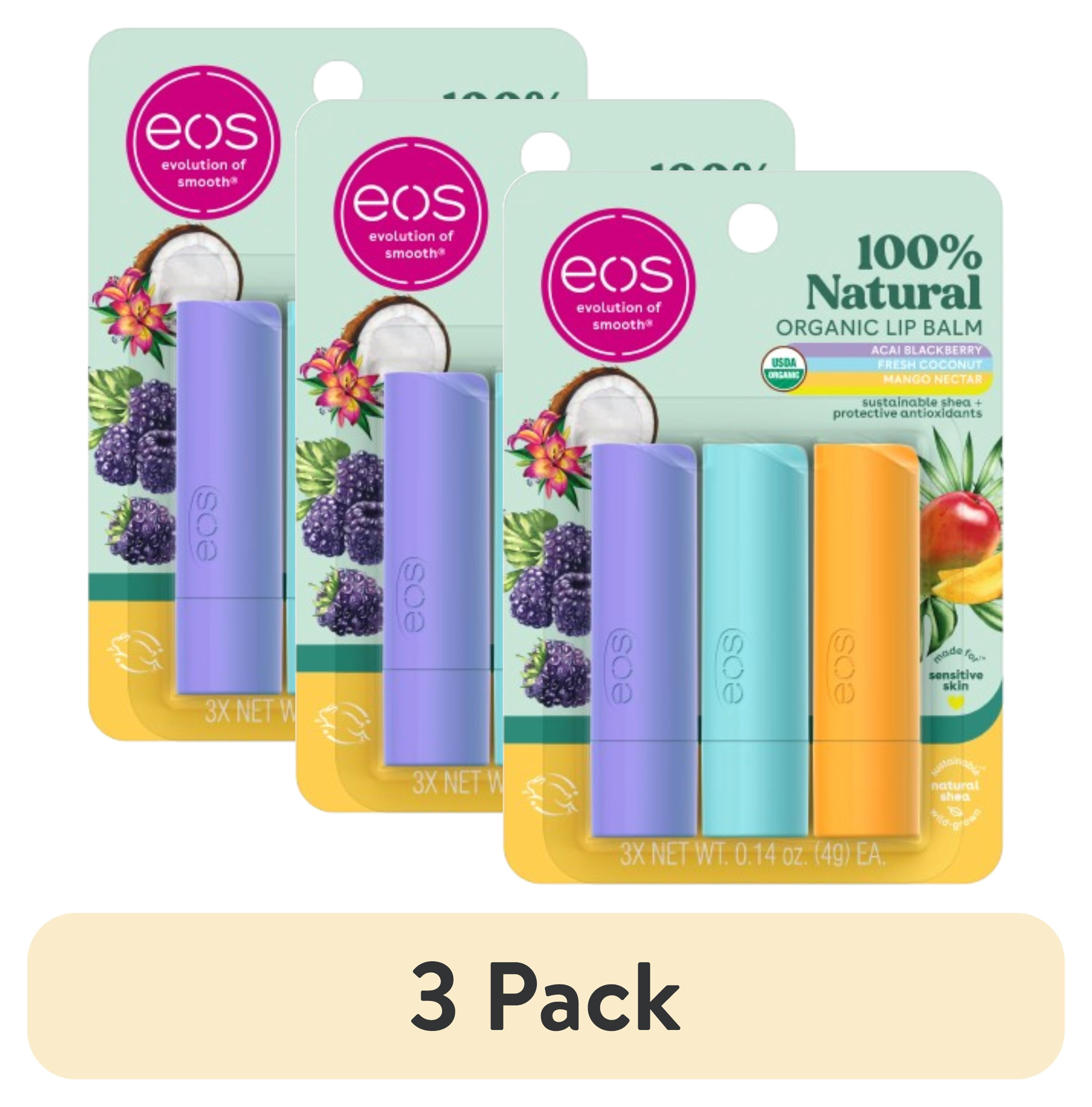 (3 pack) eos 100% Natural Lip Balm Variety Pack- Tropical Flavors, 0.14 oz, Pack of 3