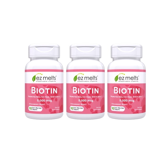(3 pack) EZ Melts Biotin - Daily Vitamin B7 for Healthy Hair, Skin & Nails - Energy Metabolism Support - No Artificial Flavors - Non-GMO & Vegan - Strawberry Burst - 90 Dissolvable Tablets (90 Servings)