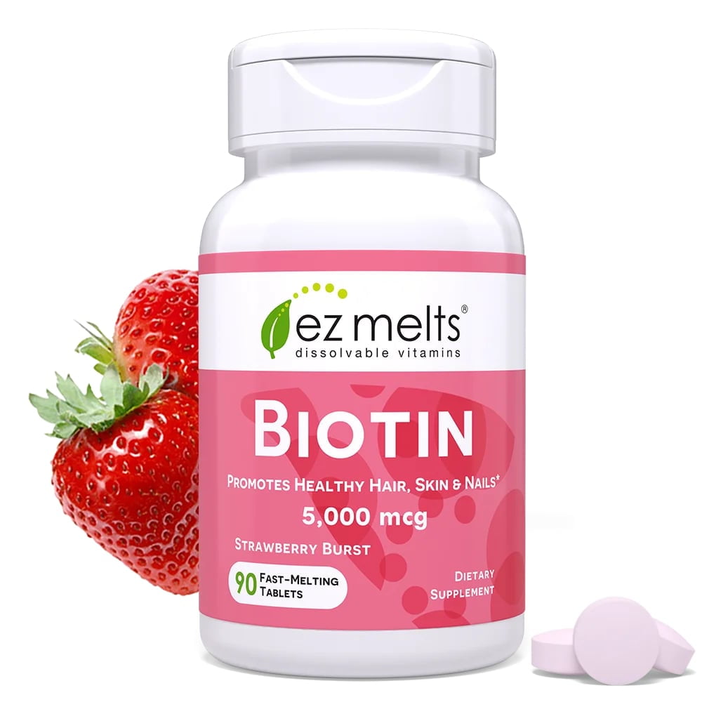 (3 pack) EZ Melts Biotin - Daily Vitamin B7 for Healthy Hair, Skin & Nails - Energy Metabolism Support - No Artificial Flavors - Non-GMO & Vegan - Strawberry Bu
