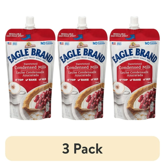 (3 pack) Eagle Brand Sweetened Condensed Milk, 100% US Milk, Gluten Free, 14 fl oz Resealable Pouch