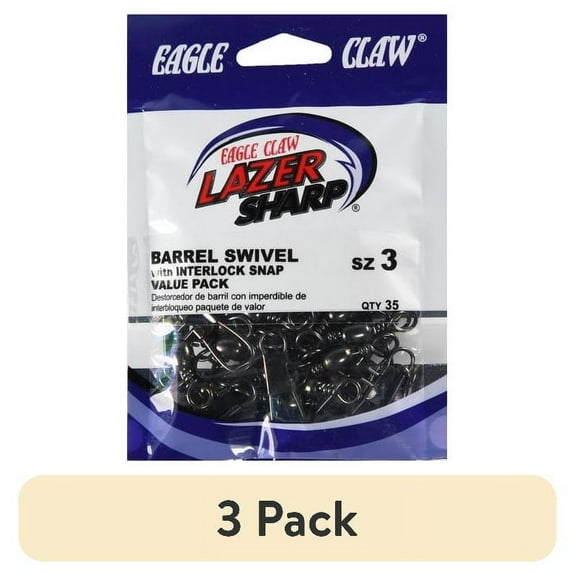 (3 pack) Eagle Claw, Barrel Swivel with Interlock Snap, 35 Pack, Size 3, Black