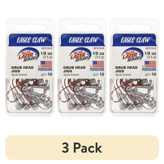 (3 pack) Eagle Claw Grub Fishing Jig Head,Unpainted, Red Hook, 1/8 oz., BFH18-R