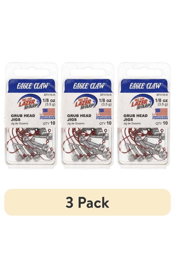 (3 pack) Eagle Claw Grub Fishing Jig Head,Unpainted, Red Hook, 1/8 oz., BFH18-R