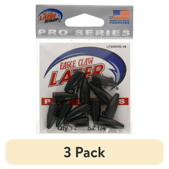 (3 pack) Eagle Claw Lazer Sharp Pro Series Worm Sinkers Value Pack, Black, 1/4 Oz., LPSWWB-14