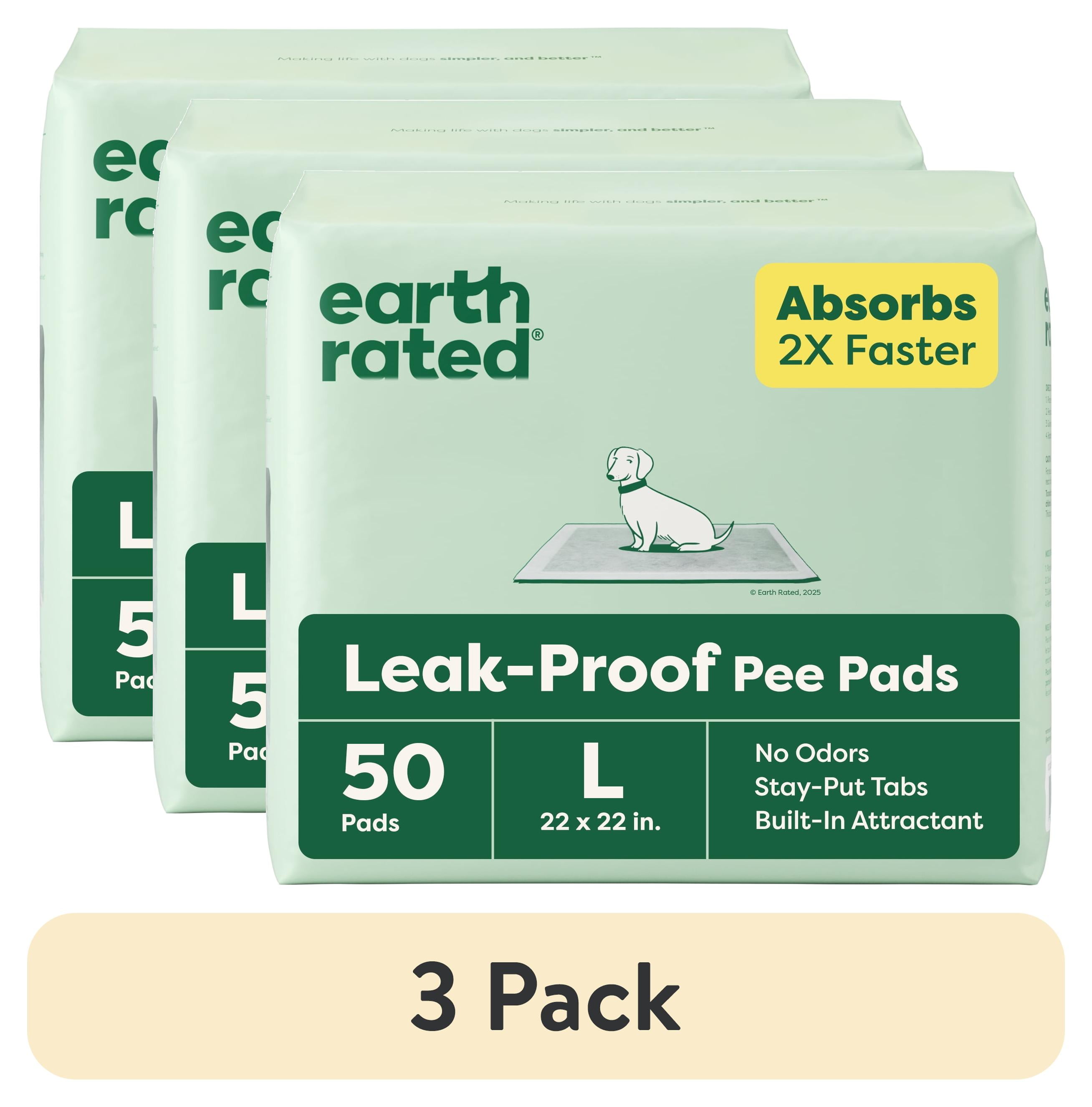 (3 pack) Earth Rated Leak-Proof Pee Pads, Large 22"x22", Unscented, 50 Count